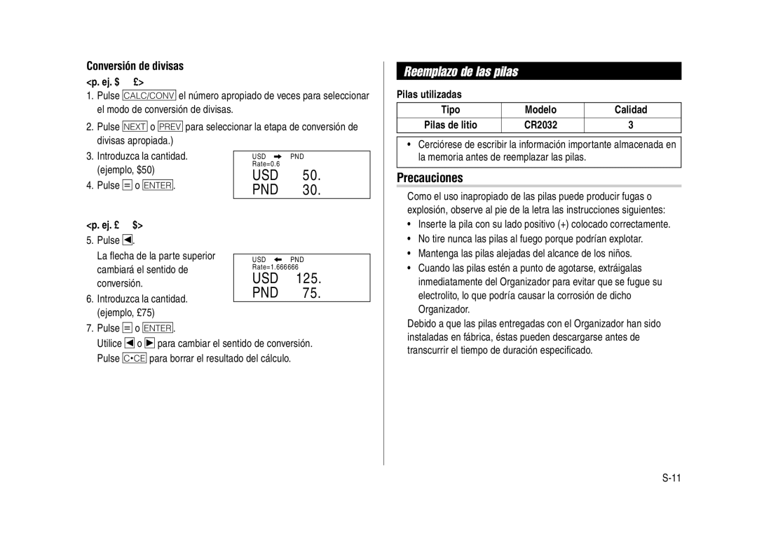 Sharp YO-270 operation manual Reemplazo de las pilas, Precauciones, Conversión de divisas 