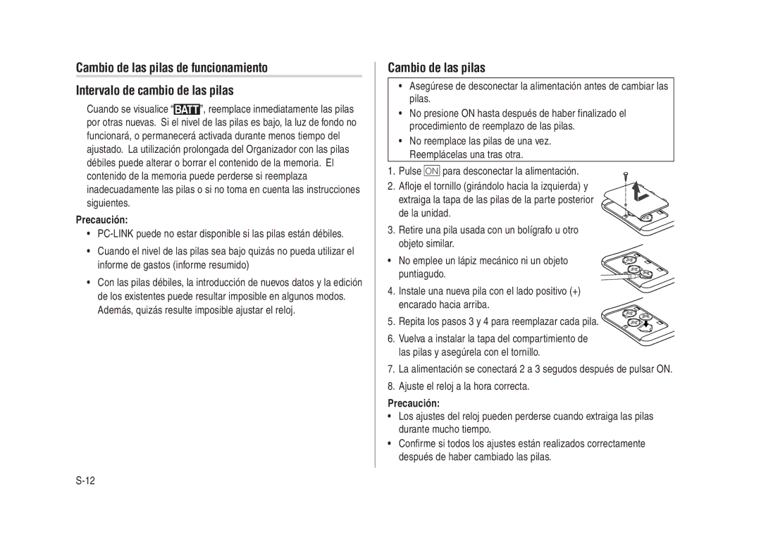 Sharp YO-270 operation manual Cambio de las pilas, Precaución 