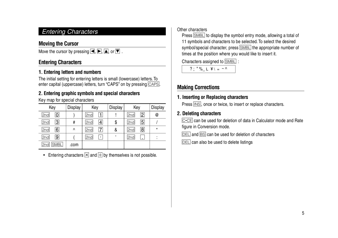 Sharp YO-270 operation manual Entering Characters, Moving the Cursor, Making Corrections 