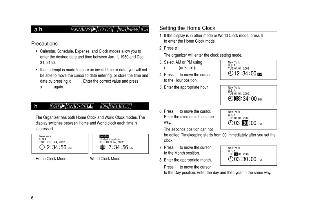 Sharp YO-270 operation manual Built-in Calendar and Clock, Clock Mode, Precautions, Setting the Home Clock 