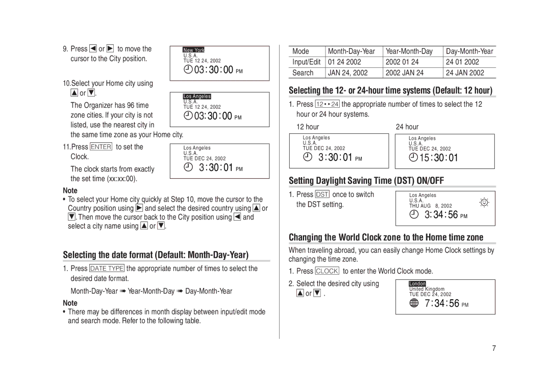 Sharp YO-270 operation manual Selecting the 12- or 24-hour time systems Default 12 hour, 30 01 PM 15 30 