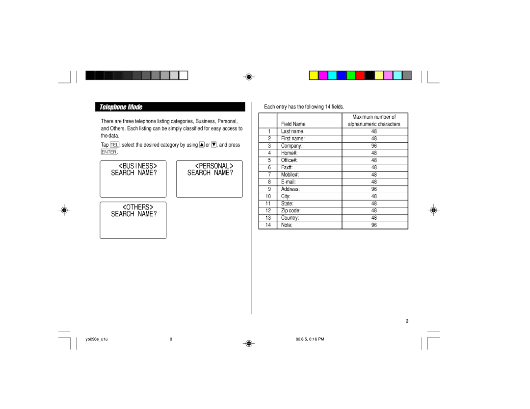 Sharp YO-290 operation manual Telephone Mode, BUS I Ness Pers Onal Sear CH NA ME? Others Search NAME? 