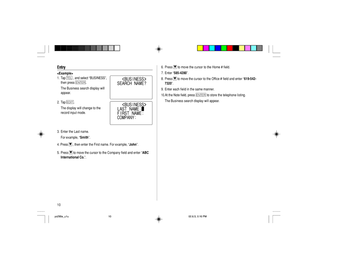 Sharp YO-290 operation manual Entry, BUS I Ness Search NAME?, RST Name Company, Example, 7320 