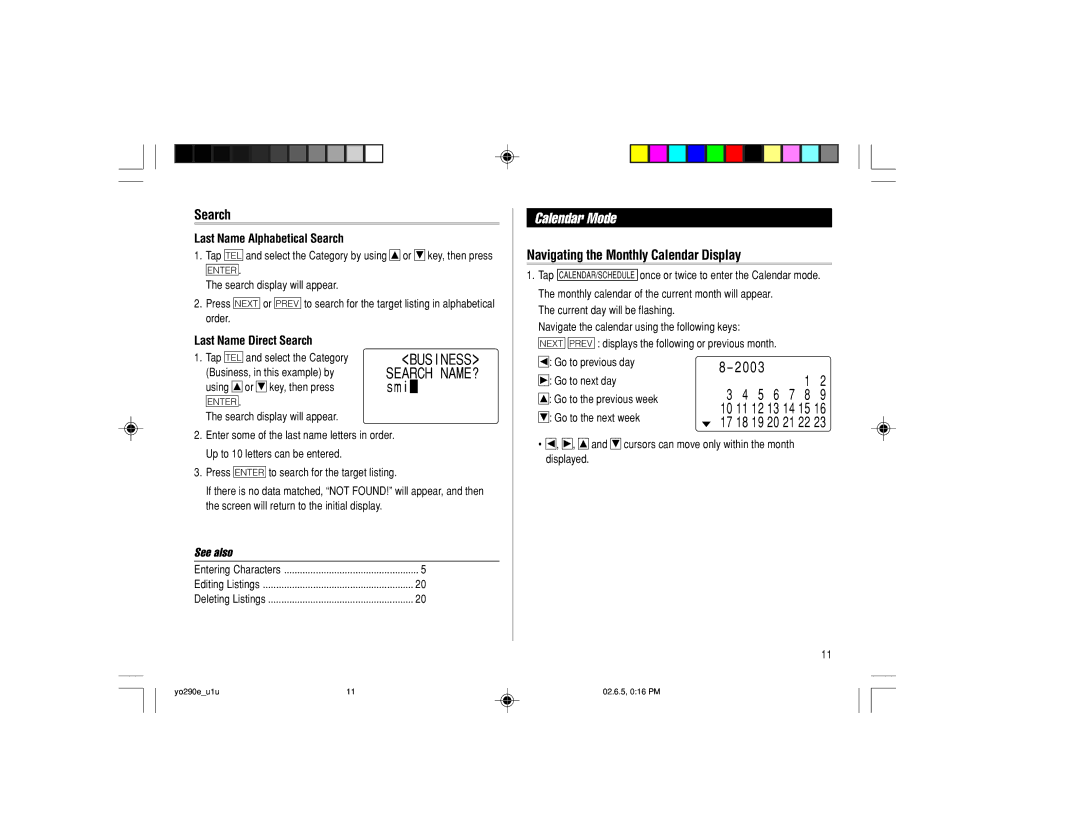 Sharp YO-290 operation manual Calendar Mode, Navigating the Monthly Calendar Display, Last Name Alphabetical Search 