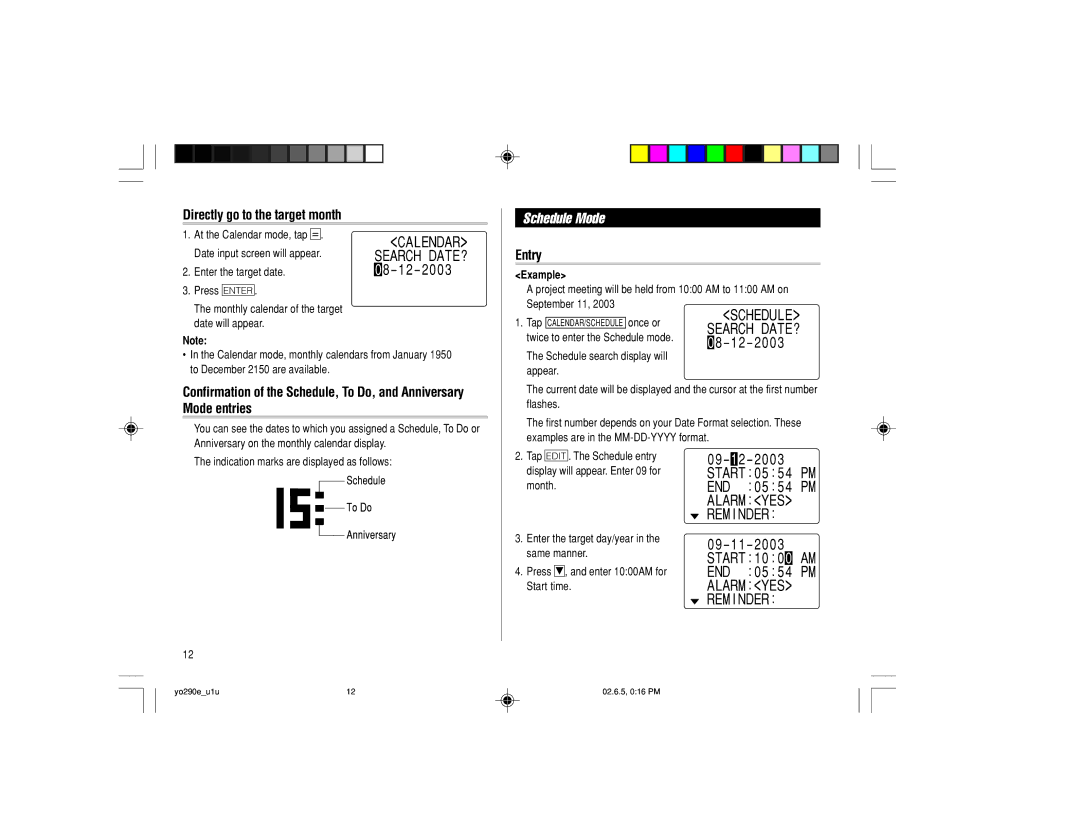 Sharp YO-290 operation manual Schedule Mode, Directly go to the target month, Calendar, Search DATE?, REM I Nder 