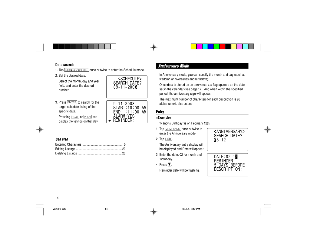 Sharp YO-290 operation manual Anniversary Mode, Date search 