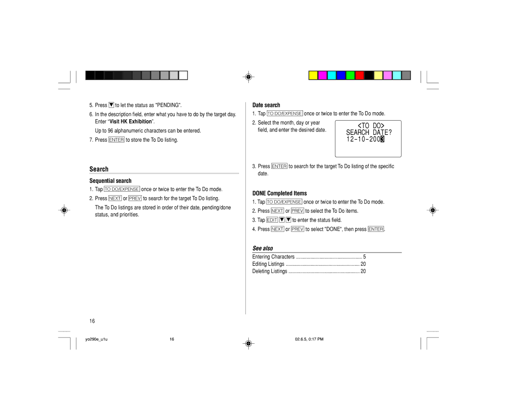 Sharp YO-290 operation manual Sequential search, Done Completed Items 