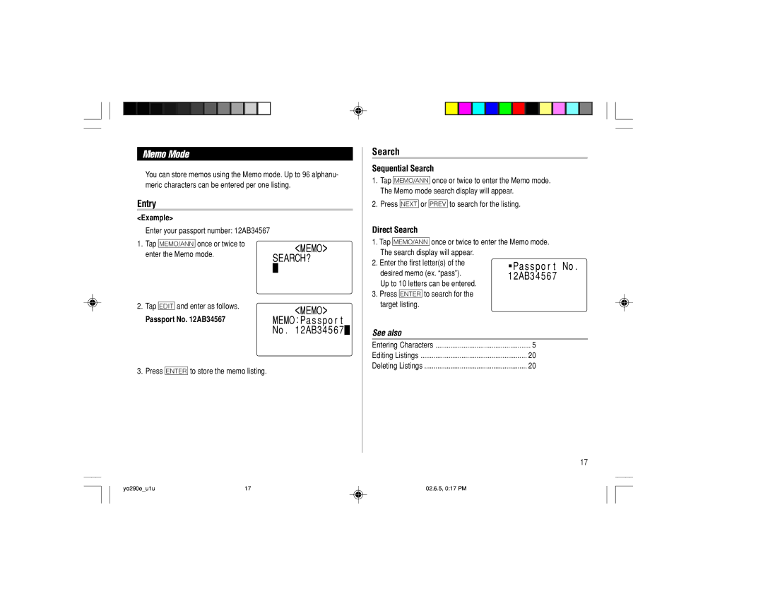 Sharp YO-290 operation manual Memo Mode, Memo SEARCH?, Direct Search, Pa s s p o r t No, Passport No AB34567 