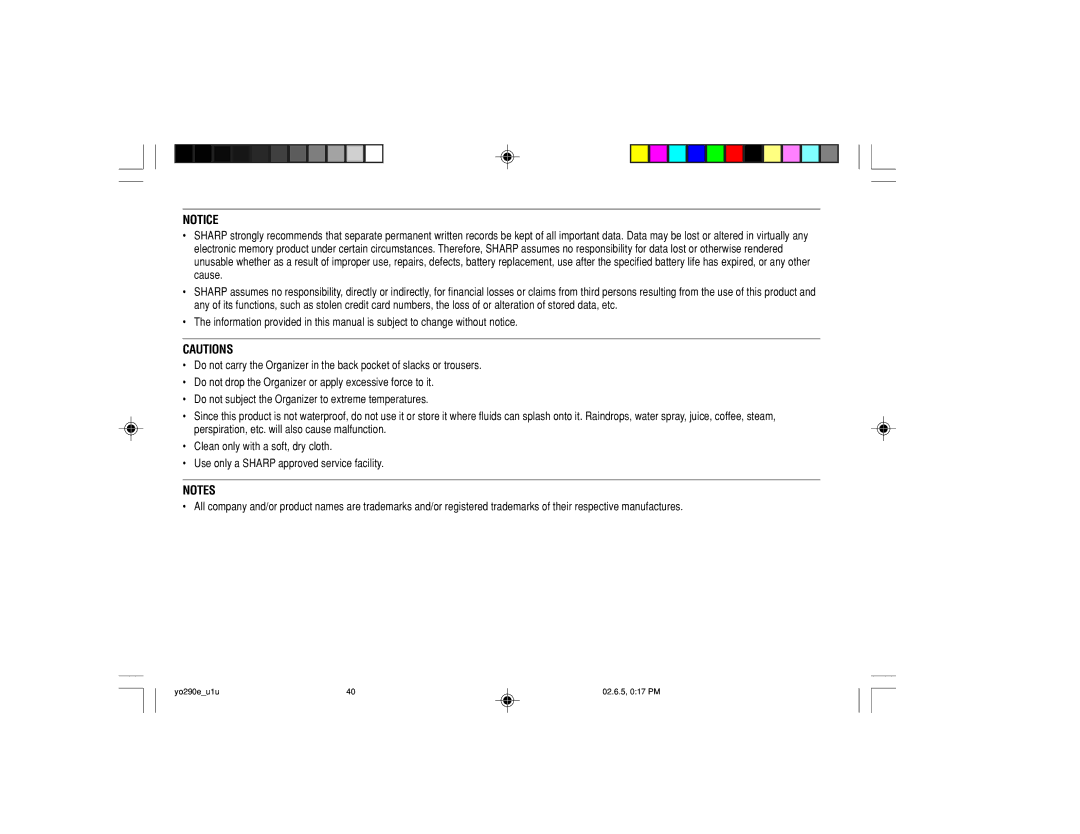 Sharp YO-290 operation manual Yo290eu1u 02.6.5, 017 PM 