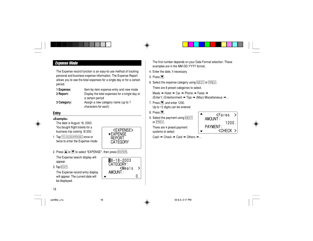 Sharp YO-290 operation manual Expense Mode, Expense Report Category, Amount Payment Check, Ategory 