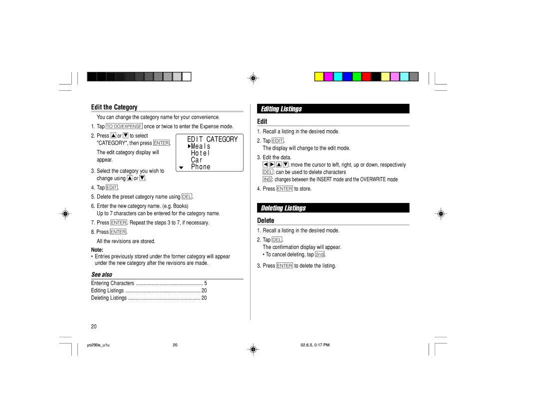 Sharp YO-290 operation manual Editing Listings, Deleting Listings, Edit the Category, Delete 