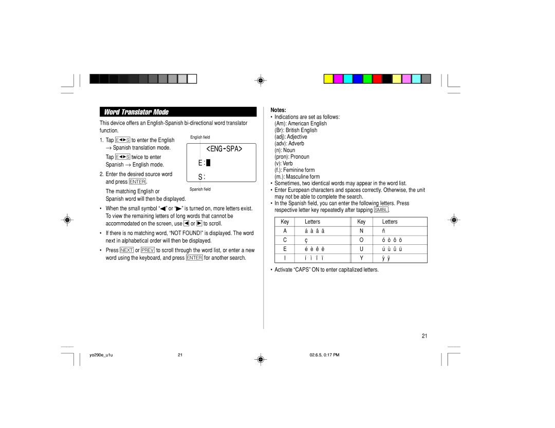 Sharp YO-290 operation manual Word Translator Mode, Eng Spa 