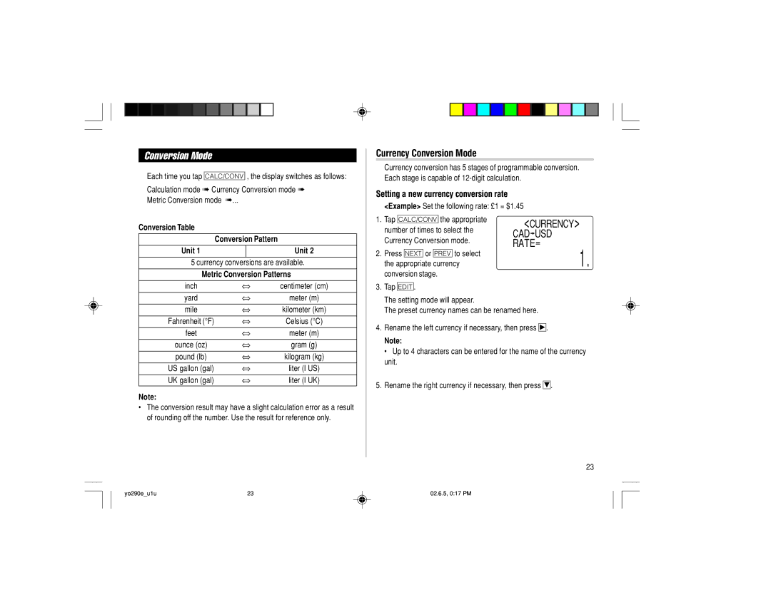 Sharp YO-290 operation manual Currency Conversion Mode, Setting a new currency conversion rate, Currency CAD USD RATE= 