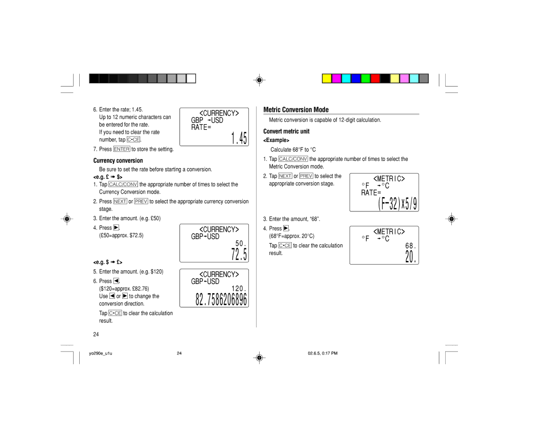 Sharp YO-290 operation manual Metric Conversion Mode, Convert metric unit, Currency conversion 