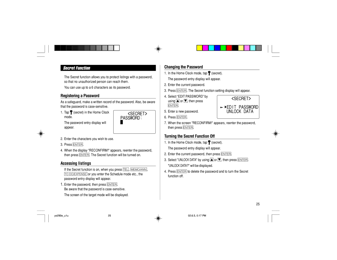 Sharp YO-290 operation manual Secret Function, Registering a Password, Accessing listings, Changing the Password 