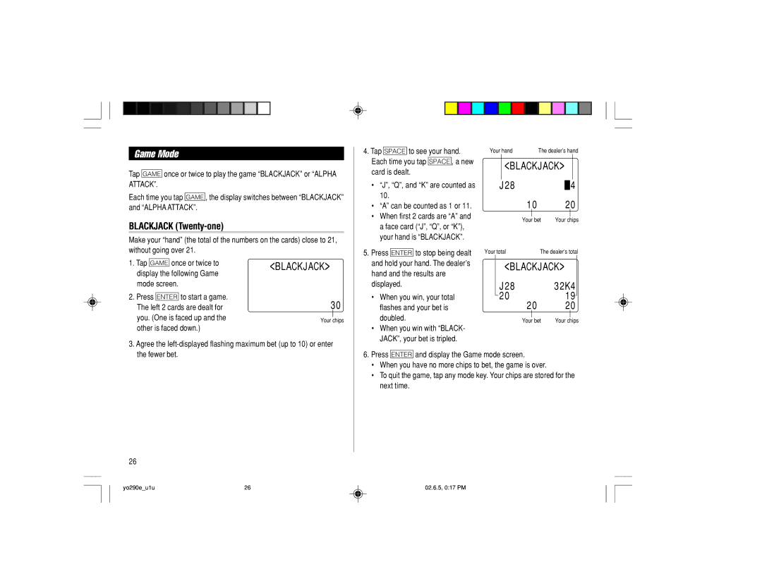 Sharp YO-290 operation manual Game Mode, Blackjack Twenty-one, 32K4 