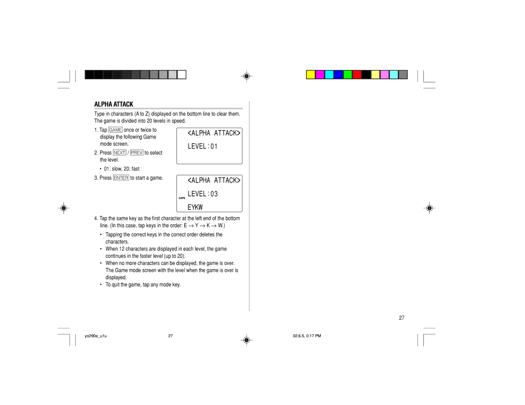 Sharp YO-290 operation manual Alpha Attack Level 0 Eykw 