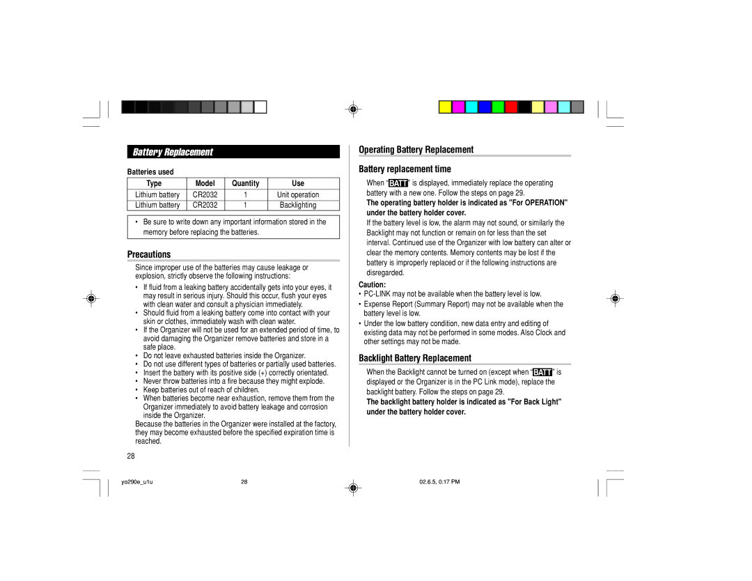 Sharp YO-290 operation manual Operating Battery Replacement Battery replacement time, Backlight Battery Replacement 