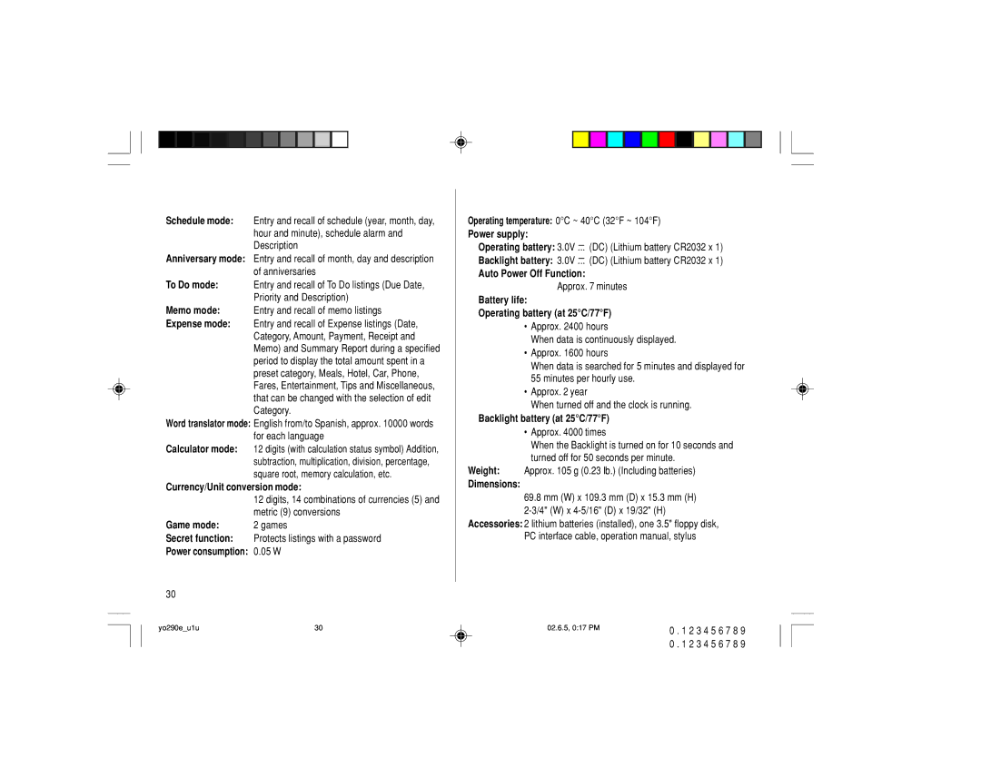 Sharp YO-290 Currency/Unit conversion mode, Game mode, Secret function, Power consumption, Power supply, Dimensions 