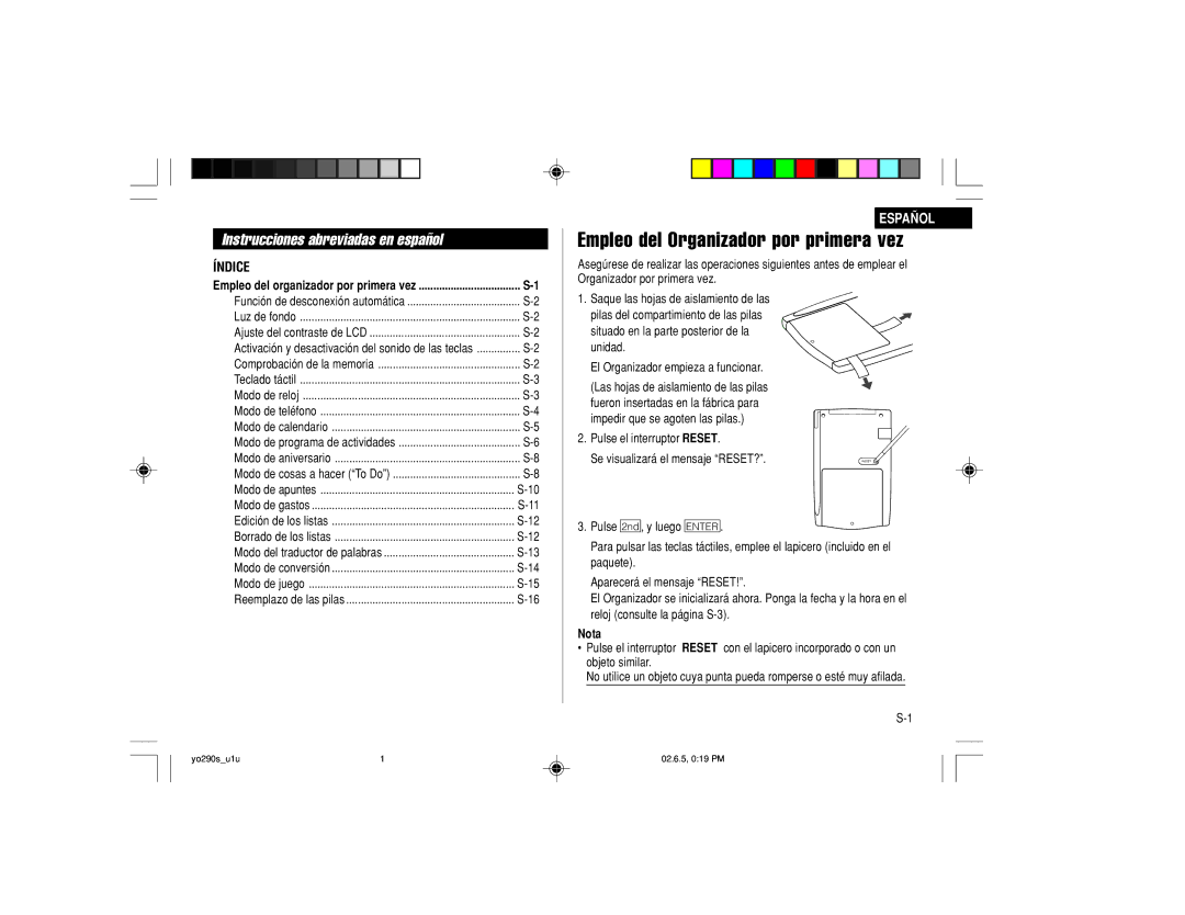 Sharp YO-290 operation manual Instrucciones abreviadas en español, Nota 