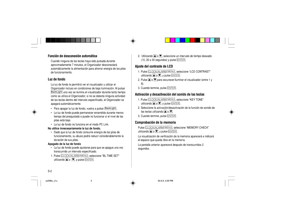 Sharp YO-290 Función de desconexión automática, Luz de fondo, Ajuste del contraste de LCD, Comprobación de la memoria 