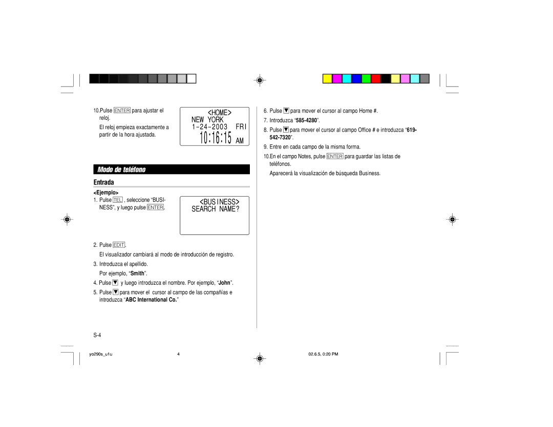 Sharp YO-290 operation manual Modo de teléfono, Entrada, Ejemplo 