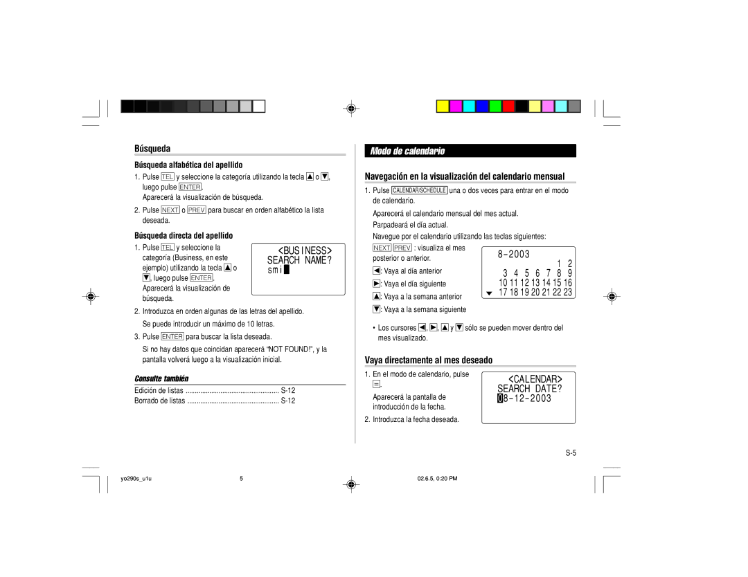 Sharp YO-290 operation manual Modo de calendario, Búsqueda, Navegación en la visualización del calendario mensual 