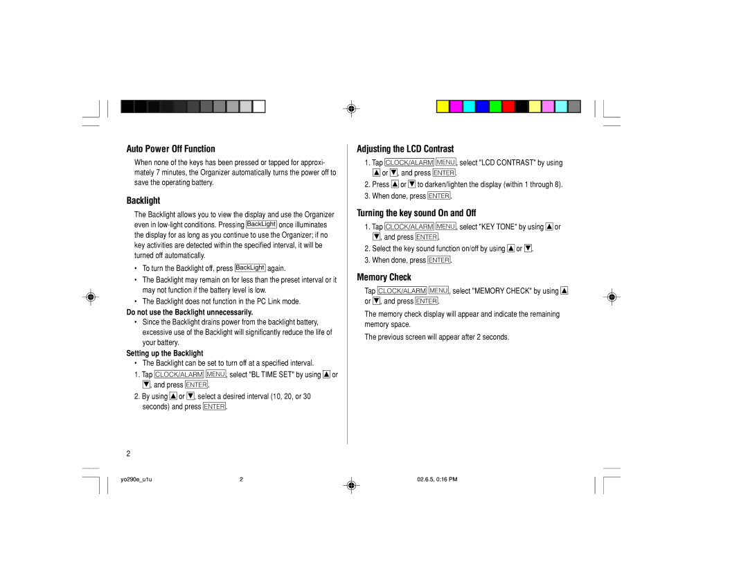 Sharp YO-290 Auto Power Off Function, Backlight, Adjusting the LCD Contrast, Turning the key sound On and Off 