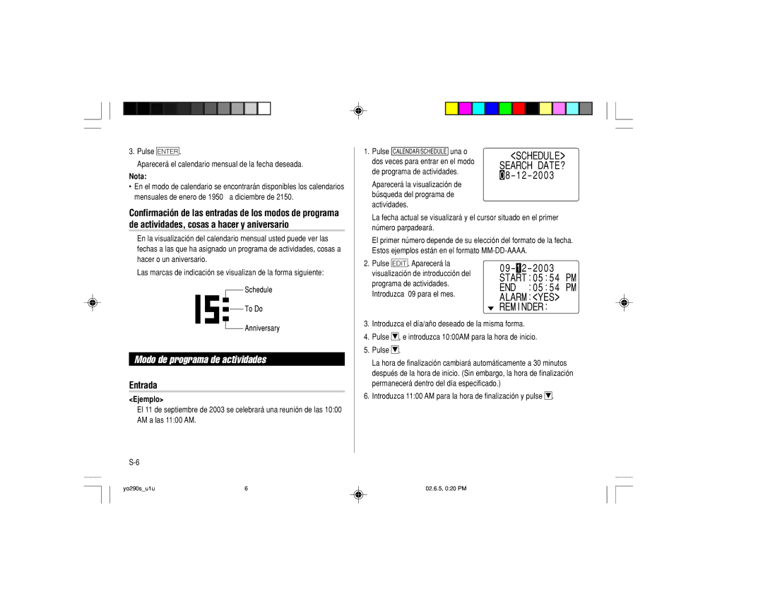 Sharp YO-290 operation manual Modo de programa de actividades, Search DATE? 0 8 1 2 2 0 0 