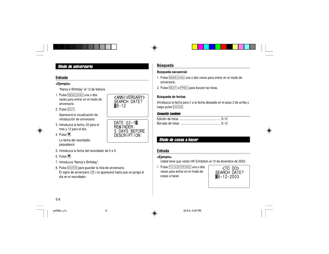 Sharp YO-290 operation manual Modo de aniversario, Modo de cosas a hacer, Entrada Búsqueda, 2 2 0 