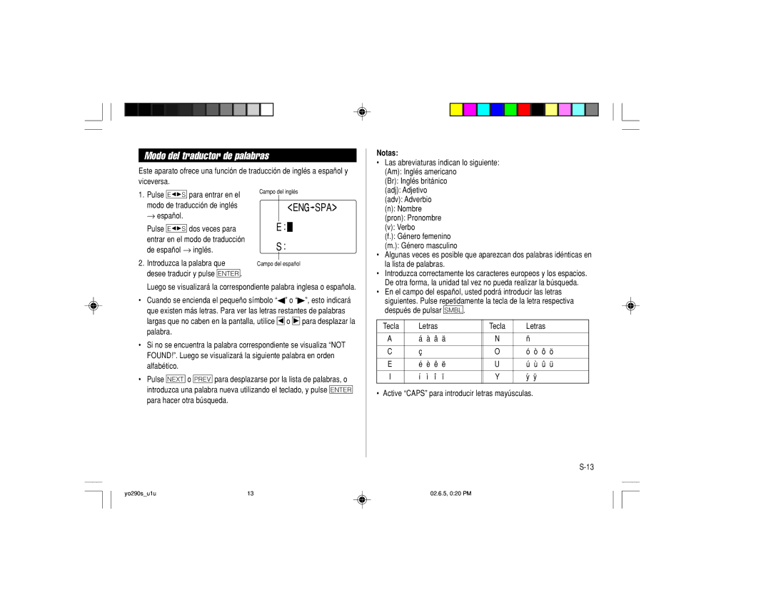 Sharp YO-290 operation manual Modo del traductor de palabras, Notas 