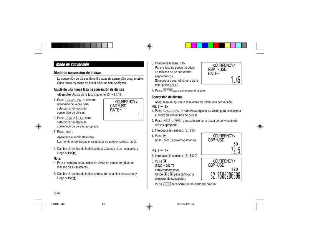 Sharp YO-290 Modo de conversión de divisas, Ajuste de una nueva tasa de conversión de divisas, Conversión de divisas 