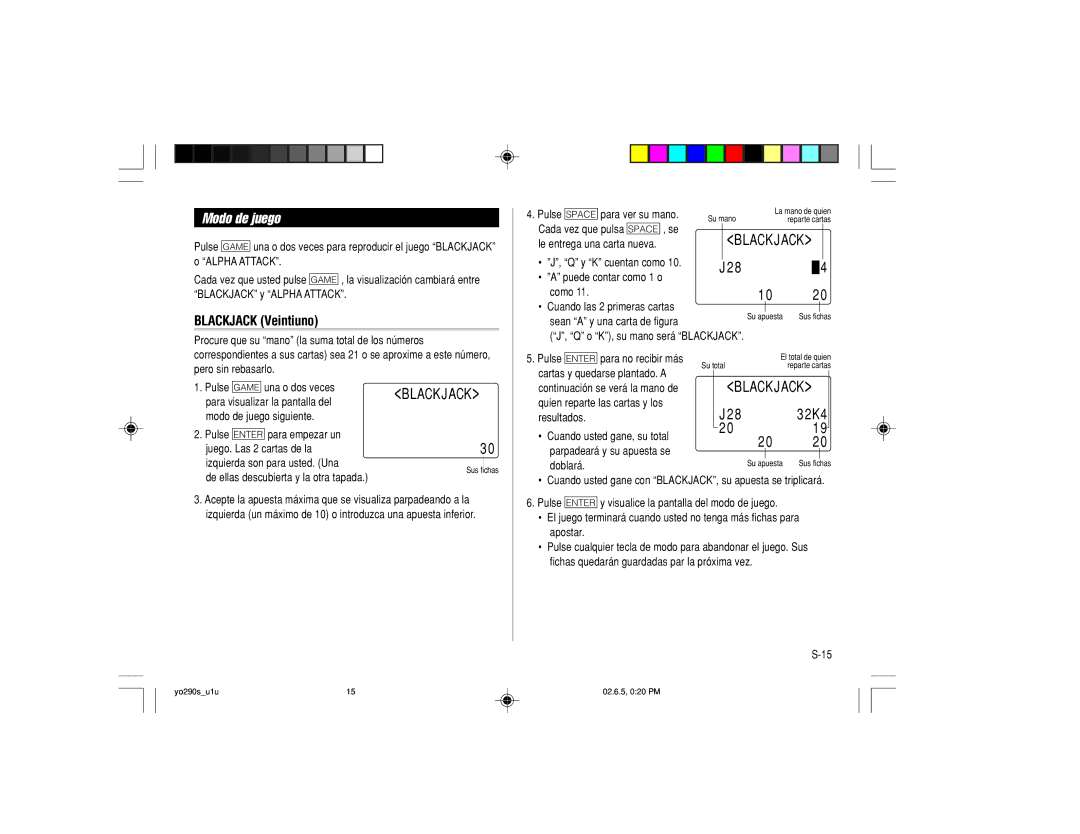 Sharp YO-290 operation manual Modo de juego, Blackjack Veintiuno 