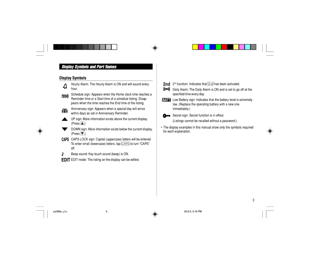 Sharp YO-290 operation manual Display Symbols and Part Names 