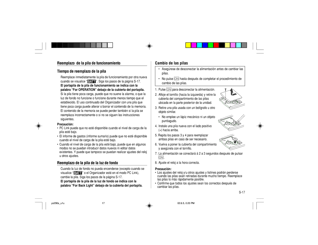 Sharp YO-290 operation manual Reemplazo de la pila de la luz de fondo, Cambio de las pilas, Precaución 