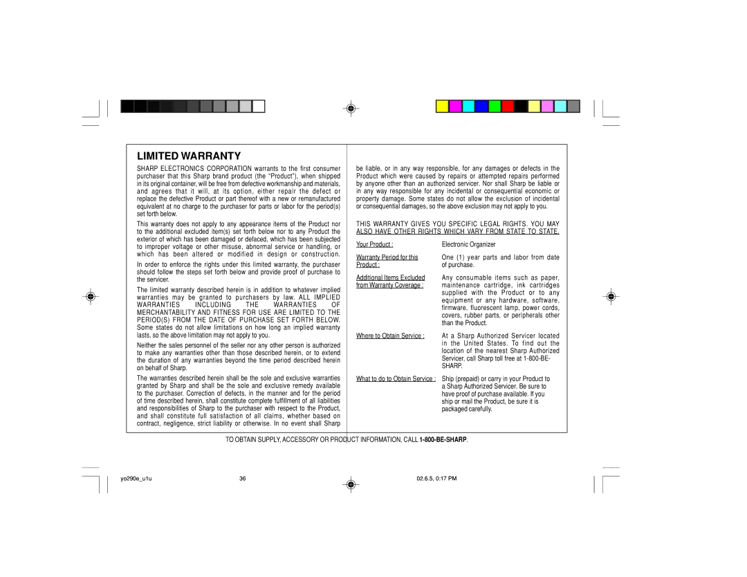 Sharp YO-290 operation manual Limited Warranty 