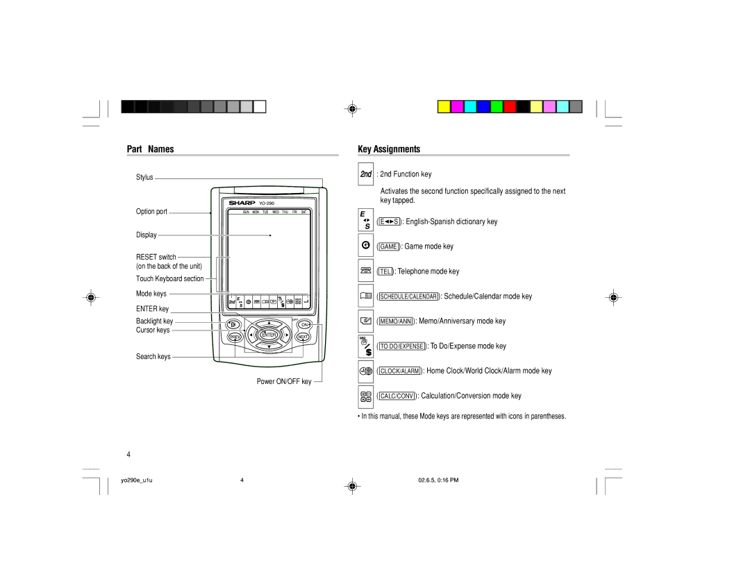 Sharp YO-290 operation manual Part Names, Key Assignments 