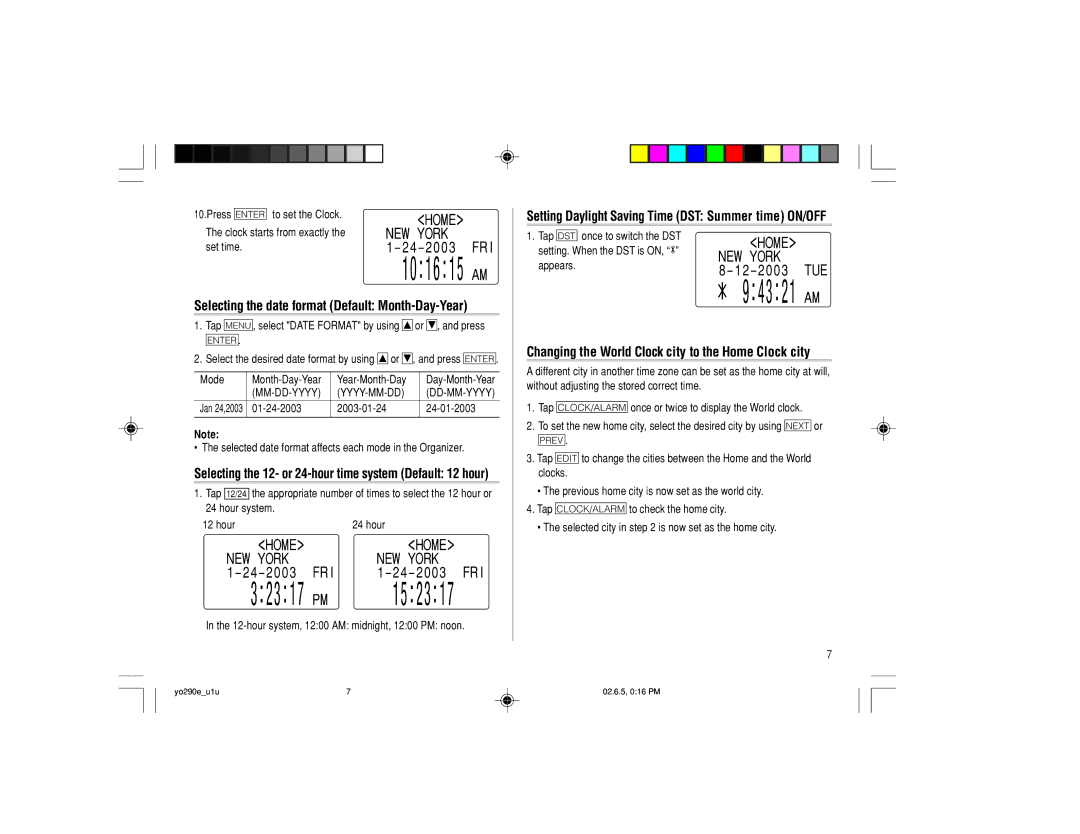 Sharp YO-290 Setting Daylight Saving Time DST Summer time ON/OFF, Changing the World Clock city to the Home Clock city 