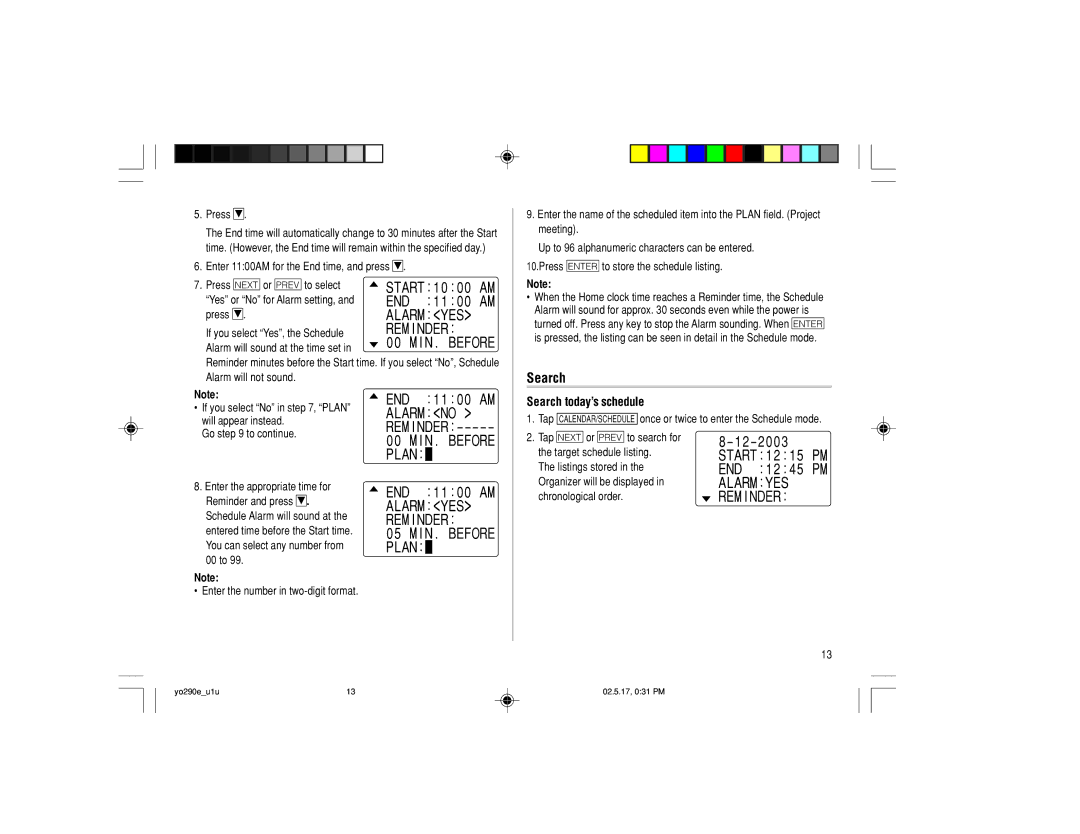 Sharp YO-290 operation manual Alarm no, Search today’s schedule, Alarm YES REM I Nder 