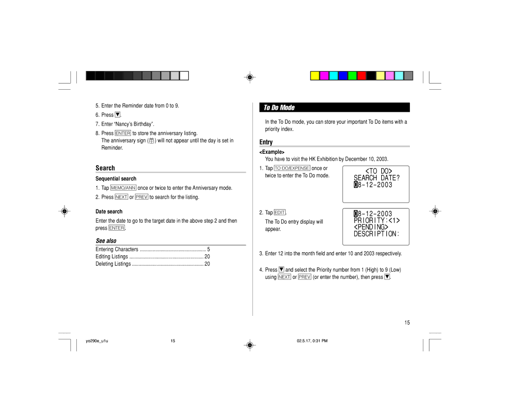 Sharp YO-290 operation manual To Do Mode, To do, Descr I PT I on, Sequential search, Date search 