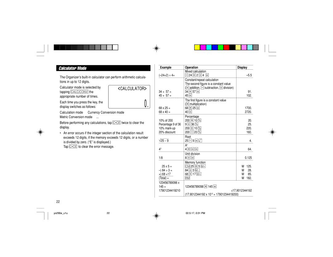 Sharp YO-290 operation manual Calculator Mode, CAL Culat or, Example Operation Display 