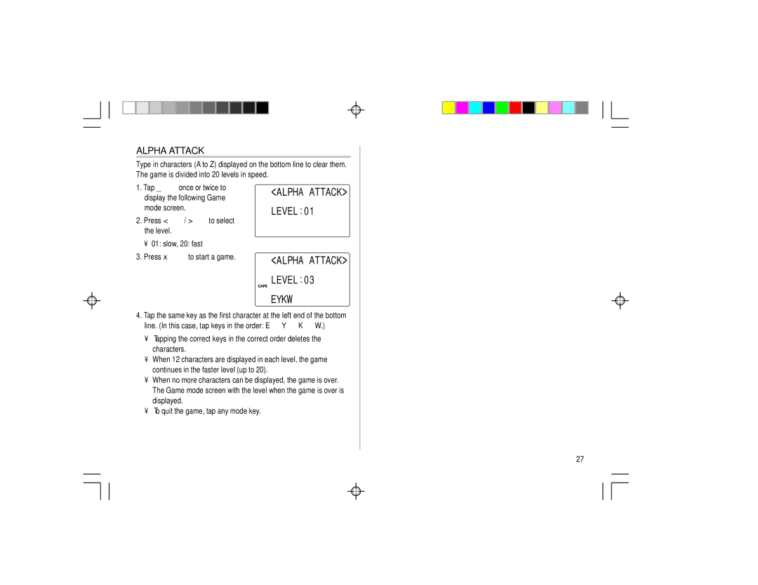 Sharp YO-290 operation manual Alpha Attack Level 0 Eykw 