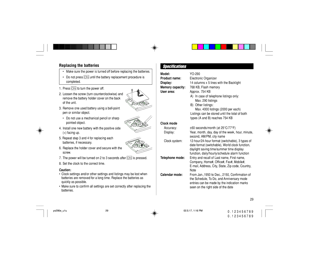 Sharp YO-290 operation manual Specifications, Replacing the batteries 