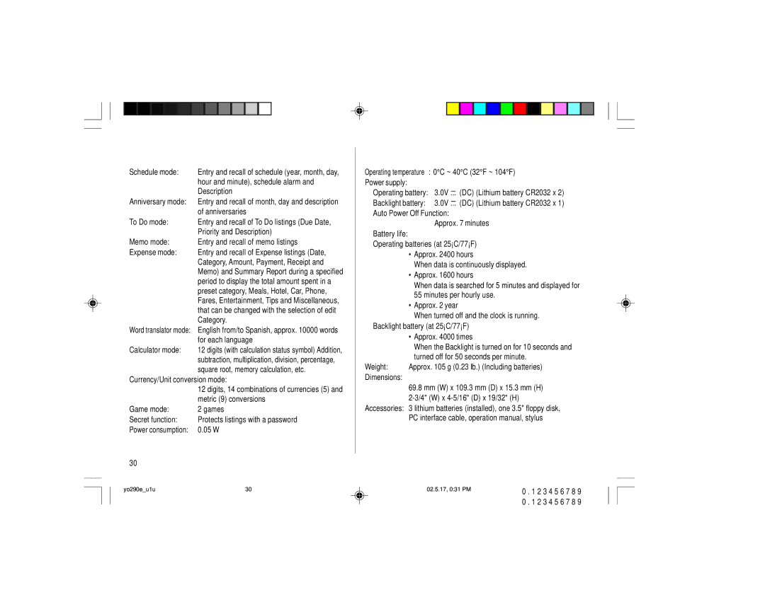 Sharp YO-290 Currency/Unit conversion mode, Game mode, Secret function, Power consumption, Power supply, Dimensions 