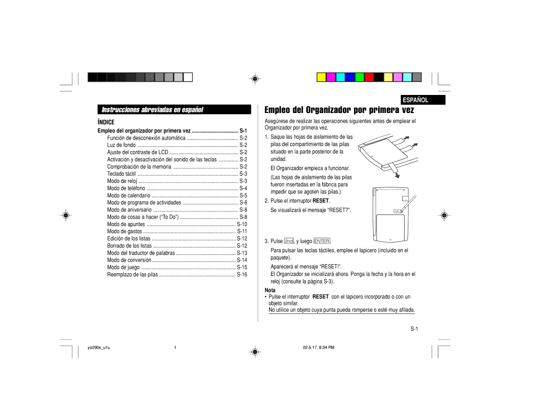 Sharp YO-290 operation manual Instrucciones abreviadas en español, Nota 