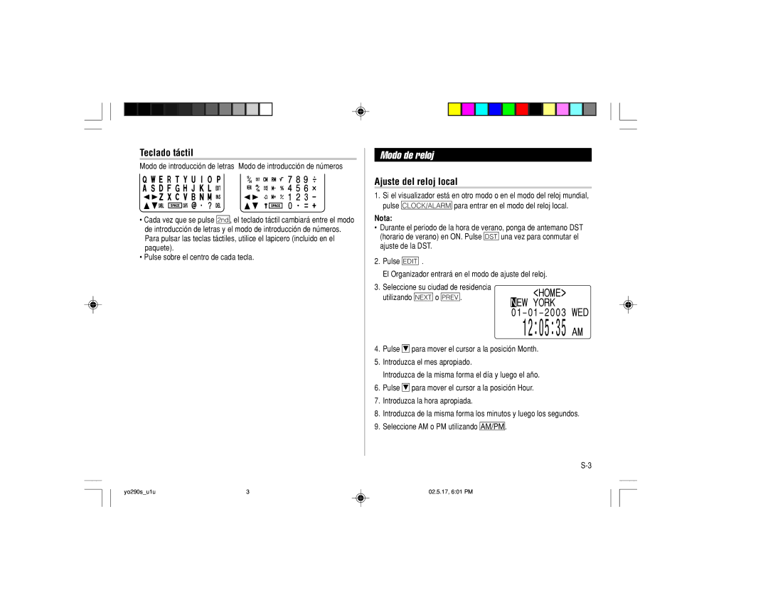 Sharp YO-290 operation manual Modo de reloj, Teclado táctil, Ajuste del reloj local, Home EW York 