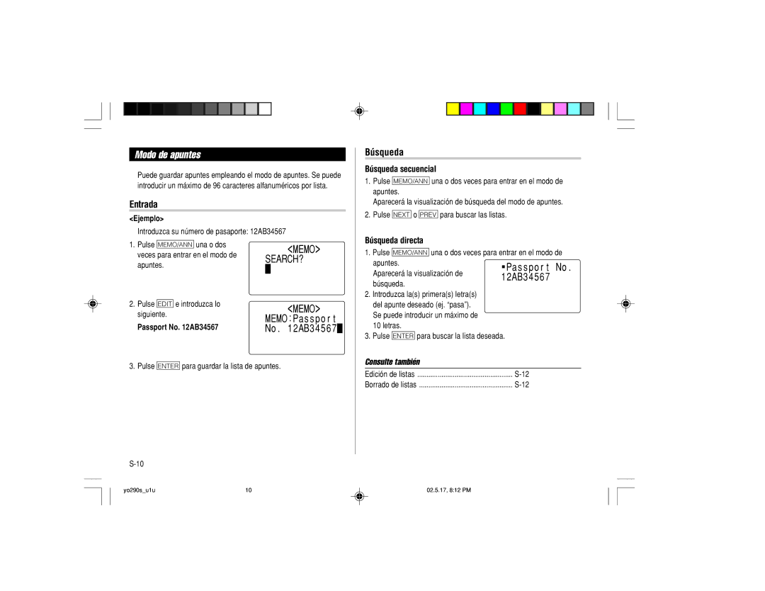 Sharp YO-290 operation manual Modo de apuntes, Búsqueda directa 