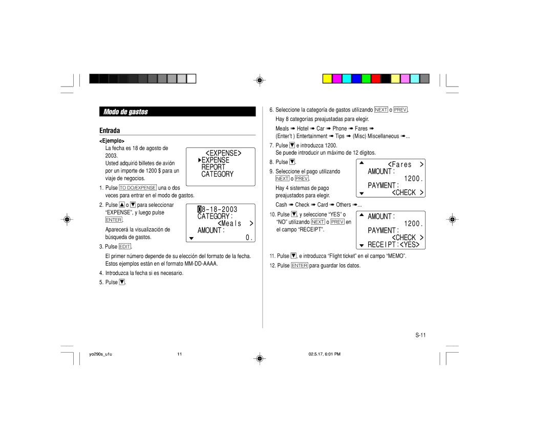 Sharp YO-290 operation manual Modo de gastos, Amount Payment Check, Cate Gory, Ount 