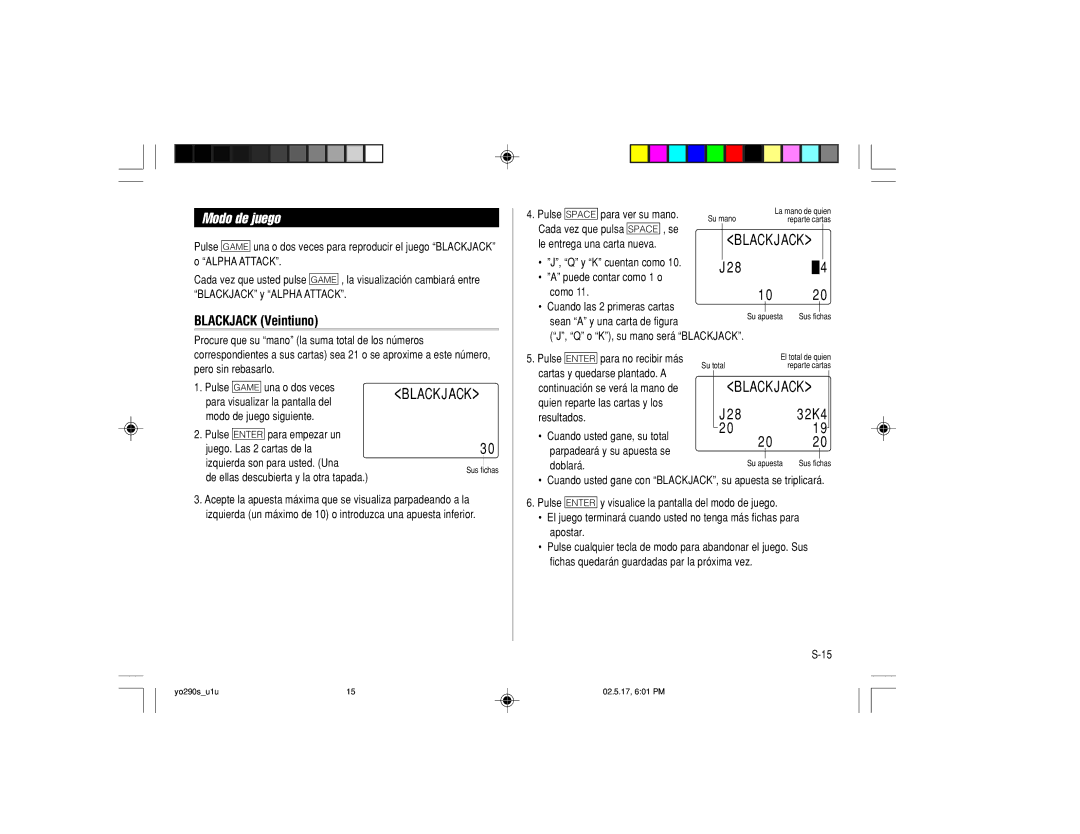 Sharp YO-290 operation manual Modo de juego, Blackjack Veintiuno 