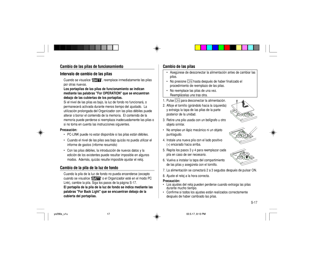 Sharp YO-290 operation manual Cambio de la pila de la luz de fondo, Cambio de las pilas, Precaución 